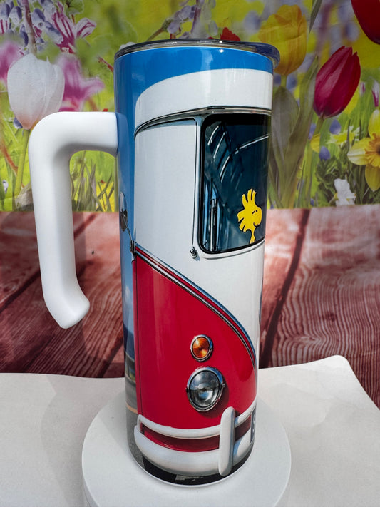 Snoopy and Woodstock Volkswagen Bus 20 oz tumbler with handle